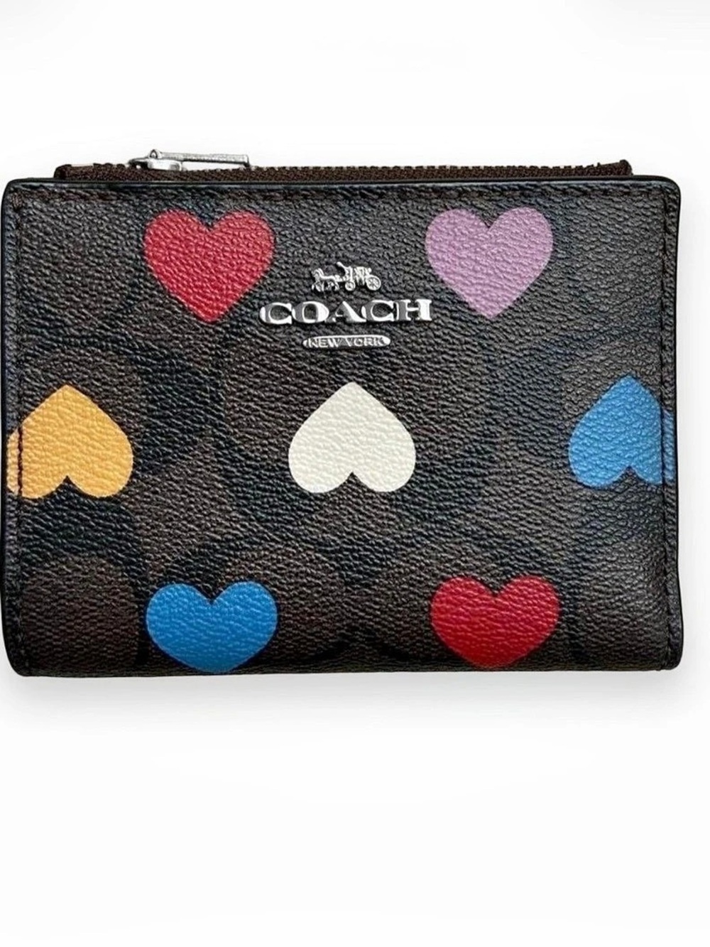 COACH Snap Wallet In Signature Canvas With Heart Print Black & Multicolor
